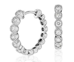 Petite Diamond Milgrain Hoop Earrings in k White Gold