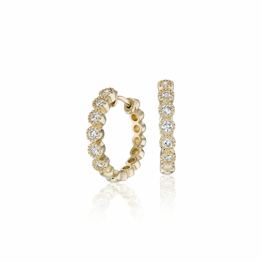 Petite Diamond Milgrain Hoop Earrings in k Yellow Gold