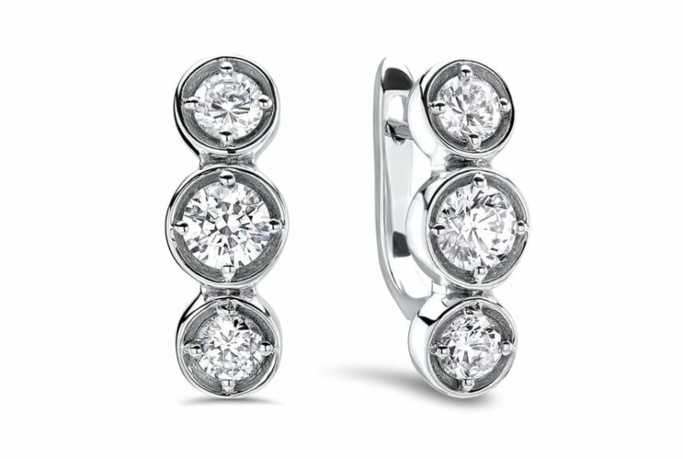 Threestone Diamond Huggie Earring in 14k White Gold