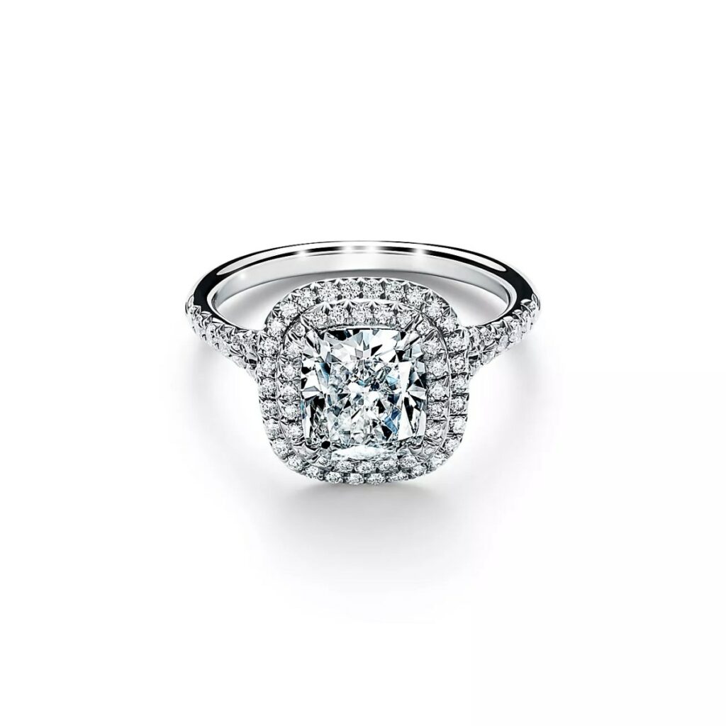 tiffany soleste cushion cut double halo engagement ring with a diamond platinum band