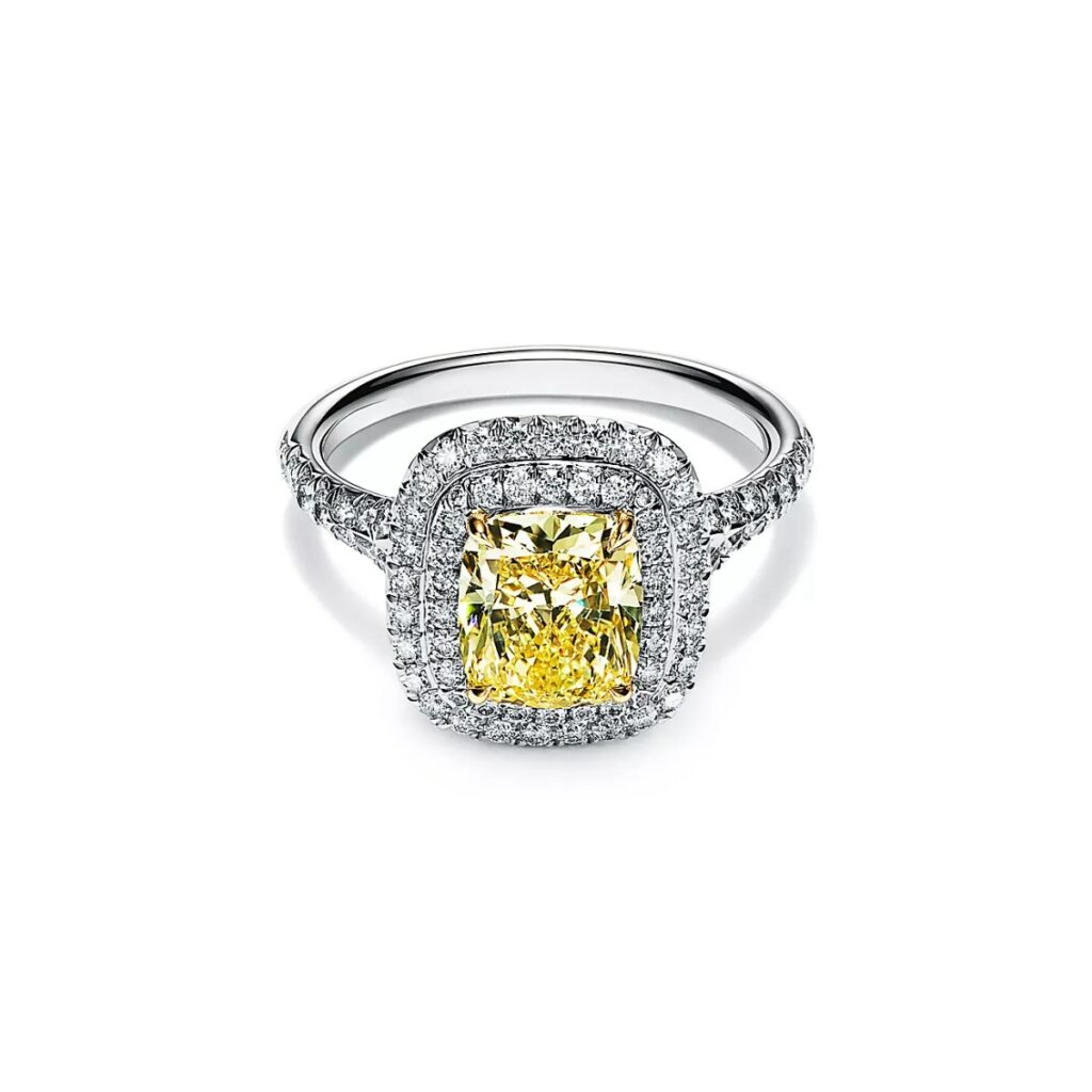 tiffany soleste cushion cut yellow diamond halo engagement ring in platinum